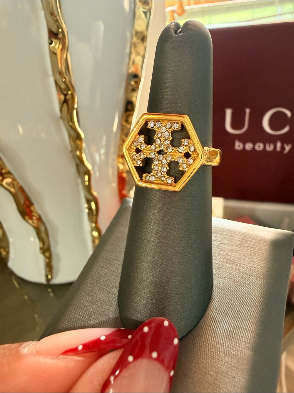 Tory Burch Gold Pave Hexagon Ring
